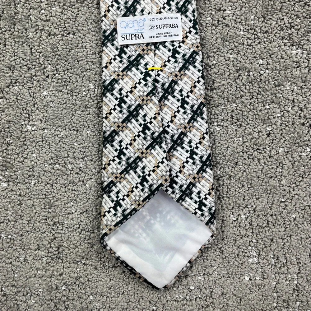 Vintage 70s Superba Qiana Nylon Wide Tie Mens Plaid Green Beige Necktie